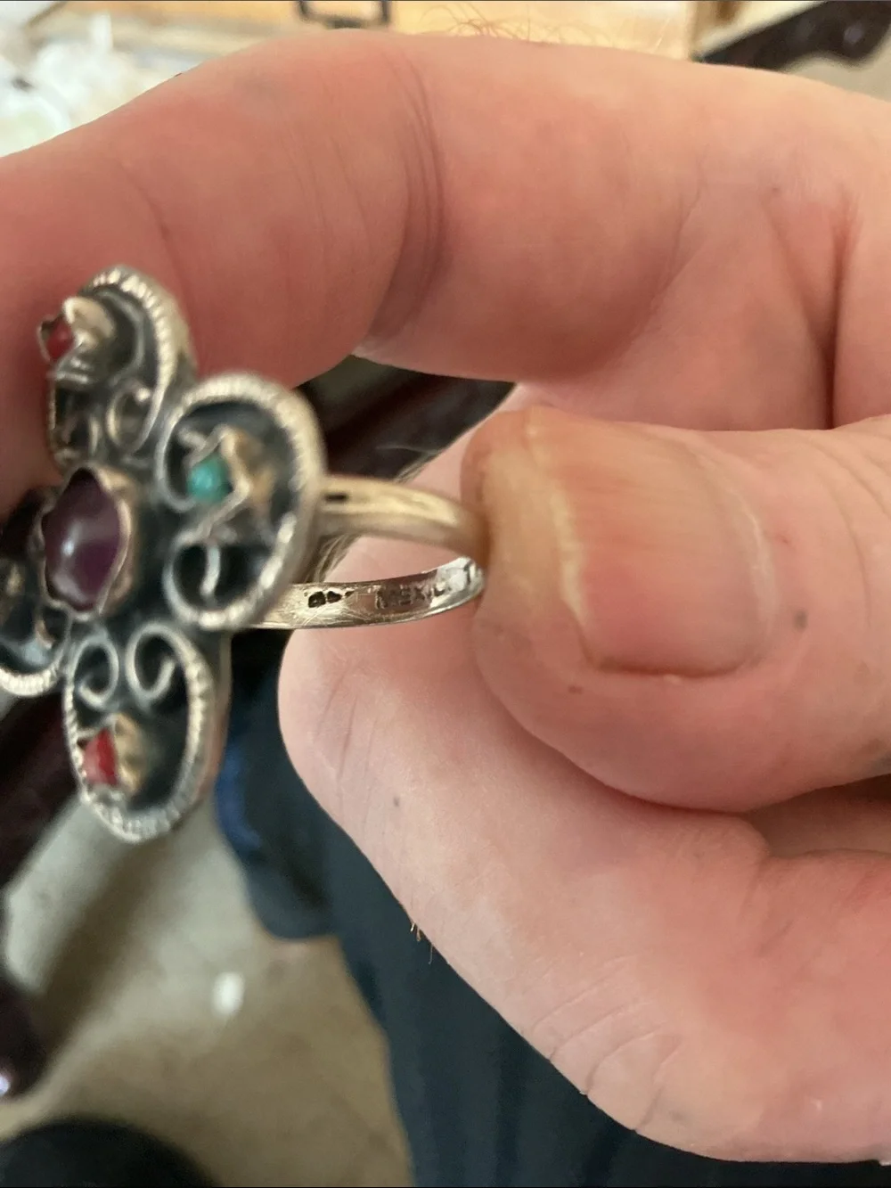 Silver Multi-Stone Floral Motif Ring - Purple, Red & Turquoise